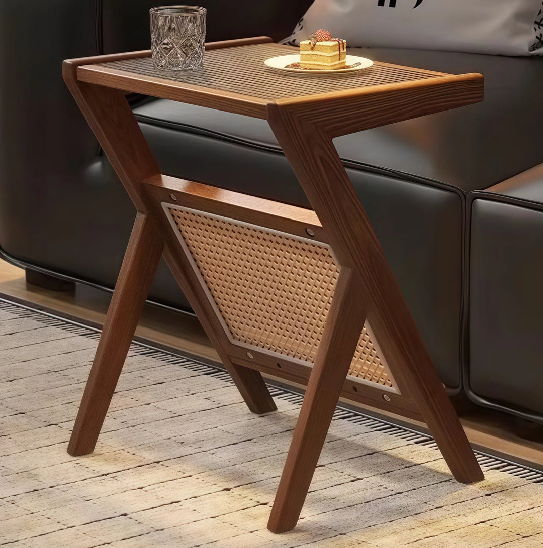 Wooden Glass Top Side Table Faux Rattan Shelf Accent Table