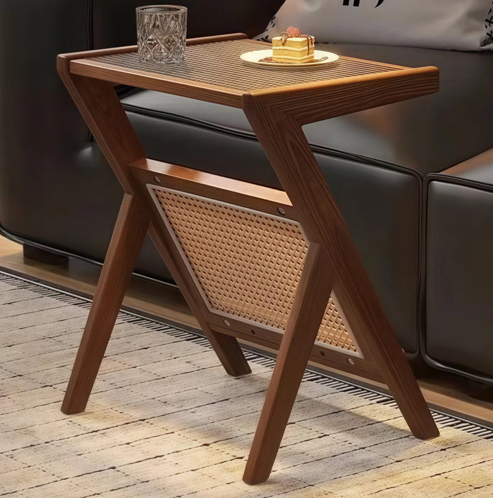 Wooden Glass Top Side Table Faux Rattan Shelf Accent Table
