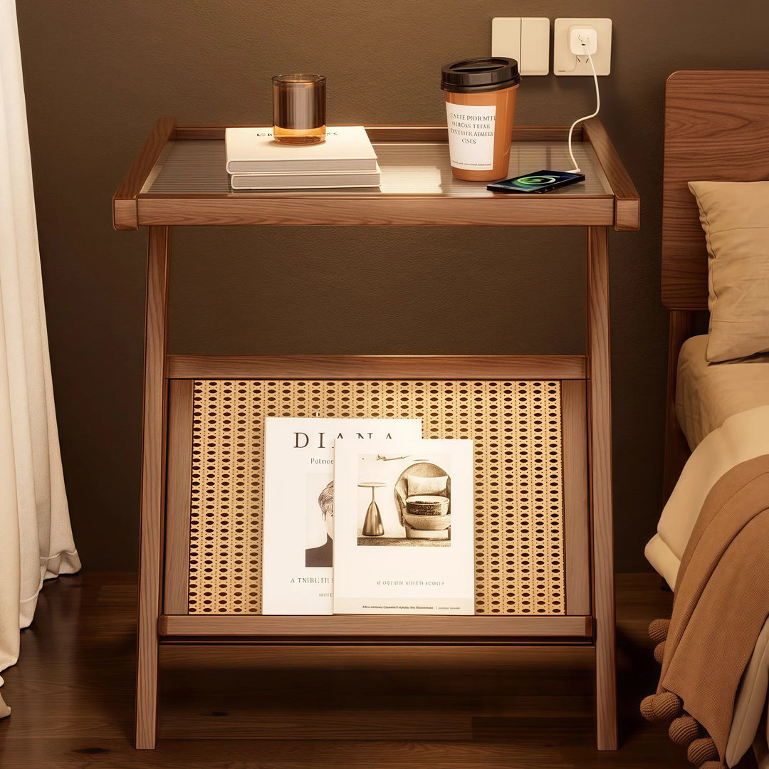 Wooden Glass Top Side Table Faux Rattan Shelf Accent Table