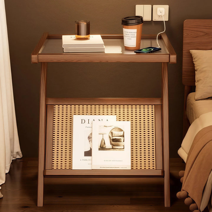 Wooden Glass Top Side Table Faux Rattan Shelf Accent Table