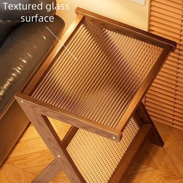 Wooden Glass Top Side Table Faux Rattan Shelf Accent Table