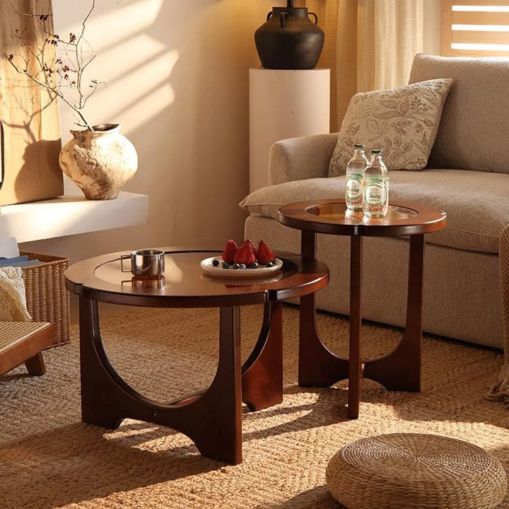 Mid Century Rattan Wood Nesting Coffee Table Round Table