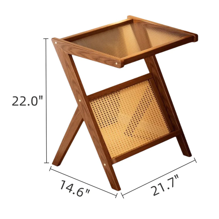 Wooden Glass Top Side Table Faux Rattan Shelf Accent Table