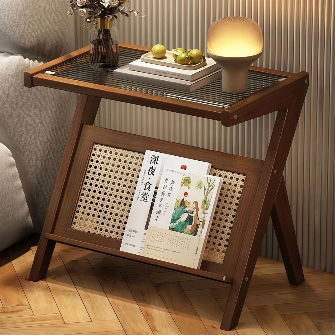 Wooden Glass Top Side Table Faux Rattan Shelf Accent Table