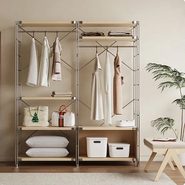 Vintage Freestanding Garment Rack Solid Wood and Steel Closet