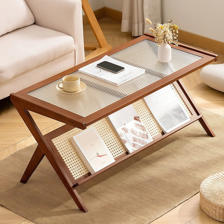 Solid Square Glass Coffee Table with Faux Rattan Shelf