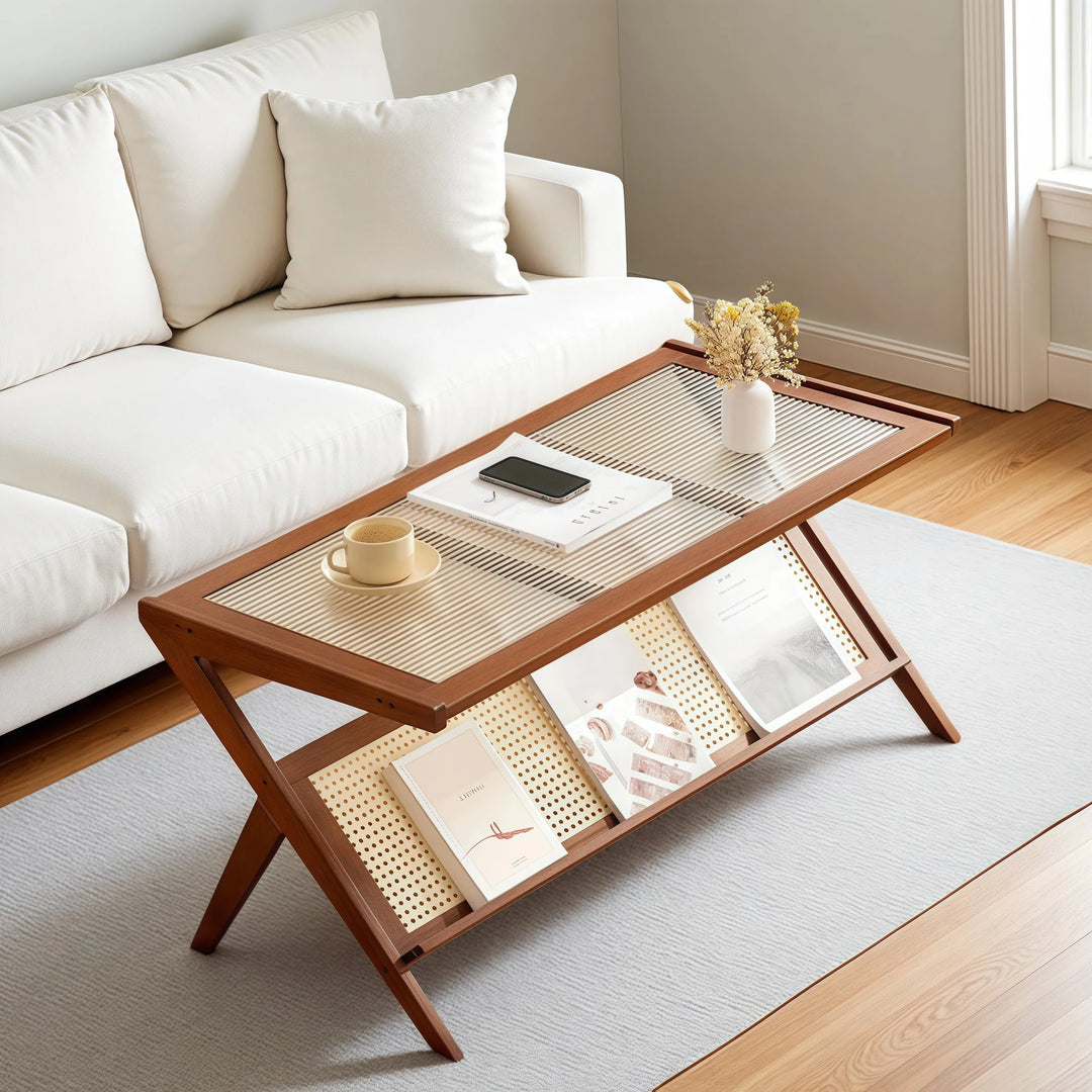 Solid Square Glass Coffee Table with Faux Rattan Shelf