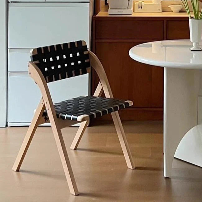 Vintage Solid Wood Folding Chair with Saddle Leather