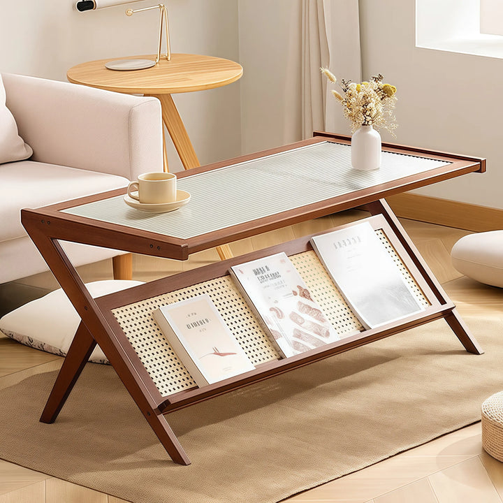 Solid Square Glass Coffee Table with Faux Rattan Shelf