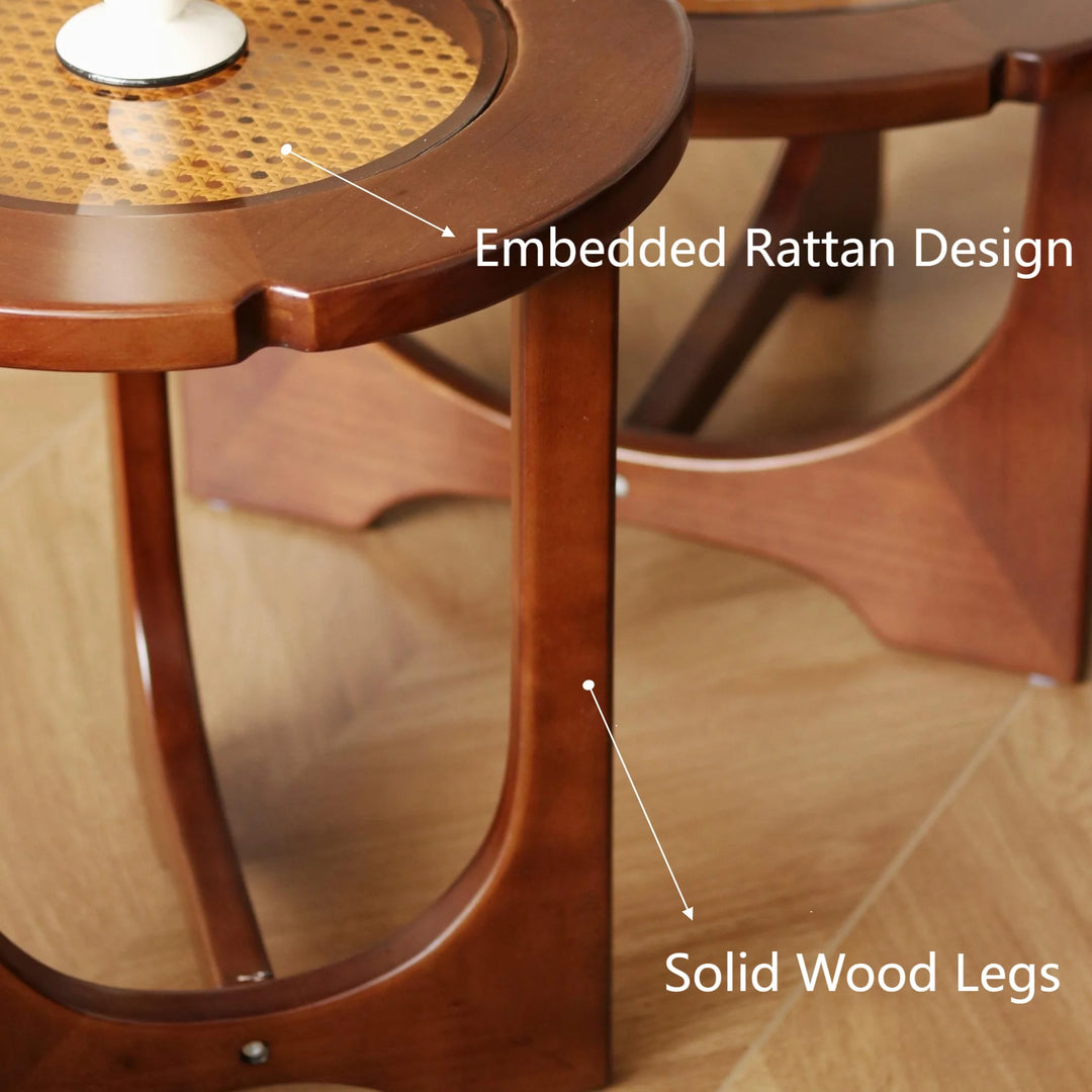 Mid Century Rattan Wood Nesting Coffee Table Round Table