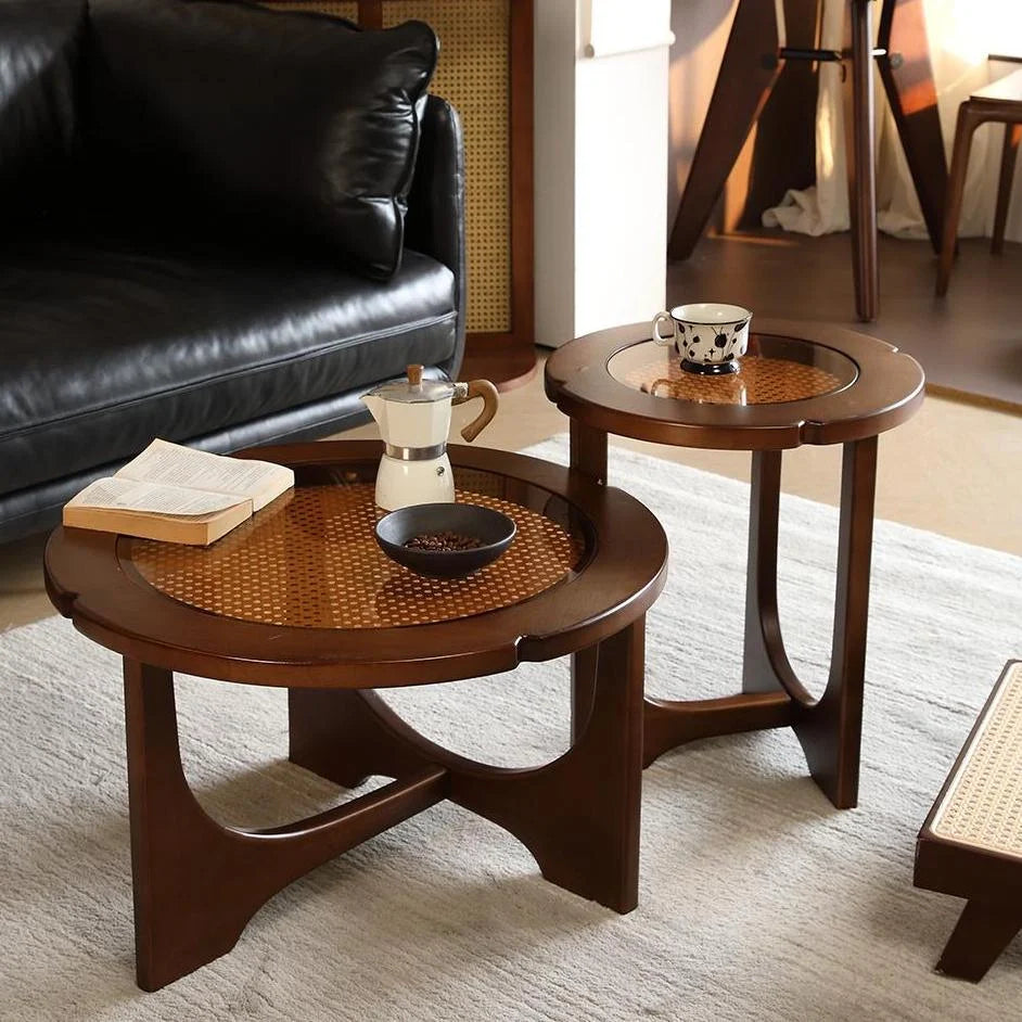 Mid Century Rattan Wood Nesting Coffee Table Round Table