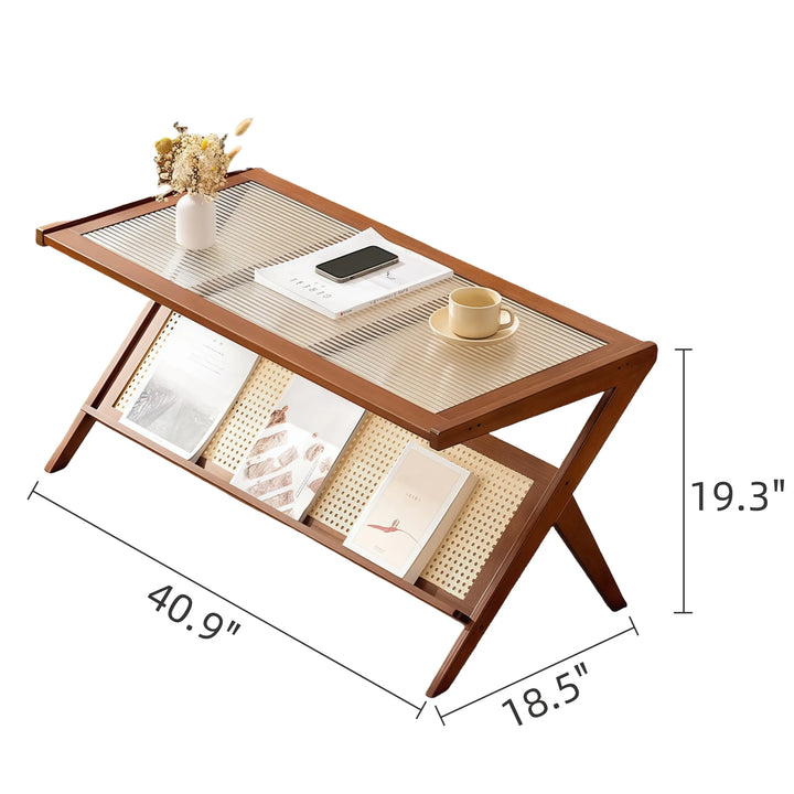 Solid Square Glass Coffee Table with Faux Rattan Shelf