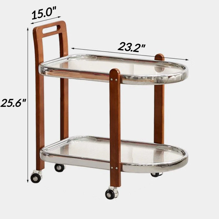 Mid-Century Solid Wood and Glass Rolling Cart for Living Room