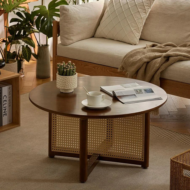 Vintage Natural Rattan Solid Wood Round Coffee Table