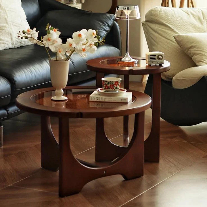 Mid Century Rattan Wood Nesting Coffee Table Round Table