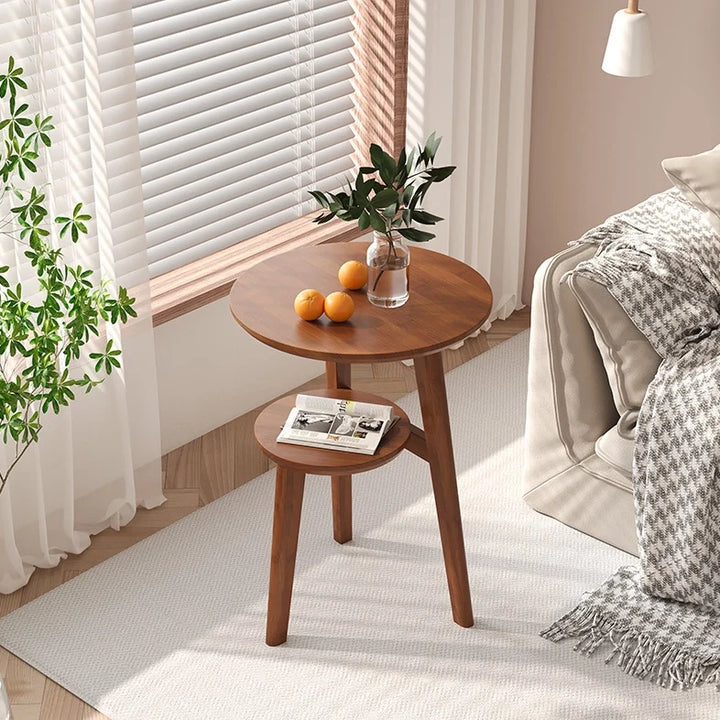 Solid Wood 2-Tier Round Accent Table Simple End Table
