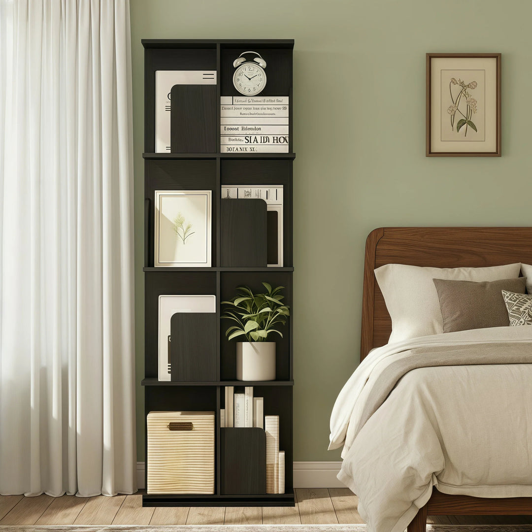 Wooden Rotating Bookcase Black Tall Square Bookshelf