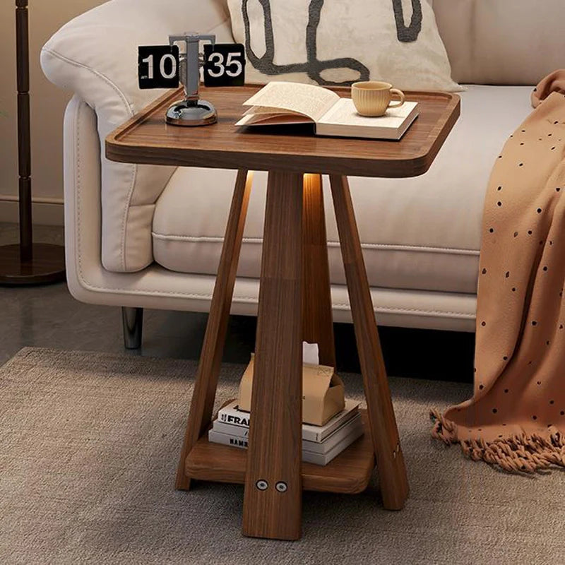 Solid Wood 2-Shelf Round Side Table Square Sofa Table