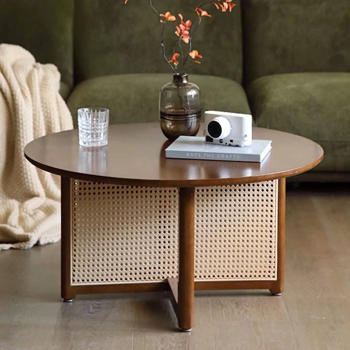 Vintage Natural Rattan Solid Wood Round Coffee Table