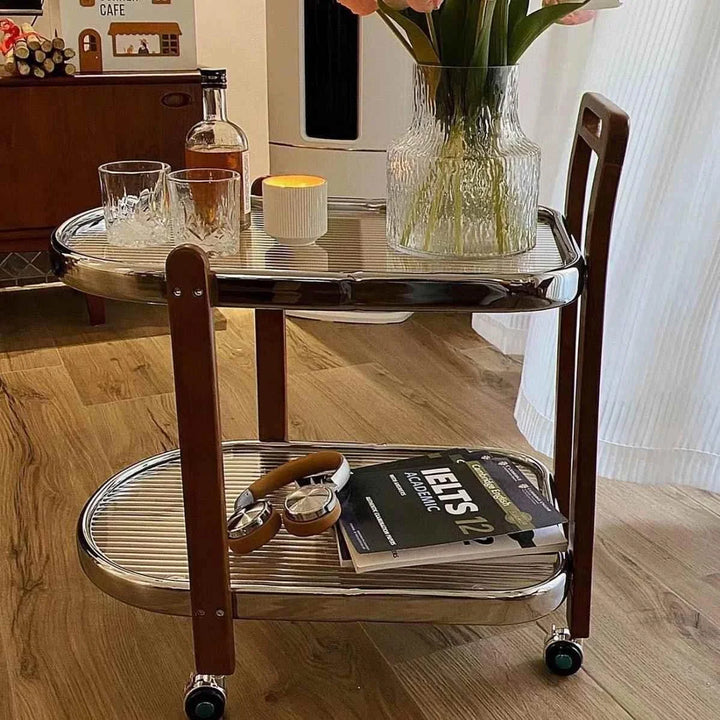 Mid-Century Solid Wood and Glass Rolling Cart for Living Room