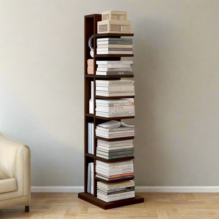 9-Shelf Wood Corner Bookshelf Narrow Bookcase with Storage