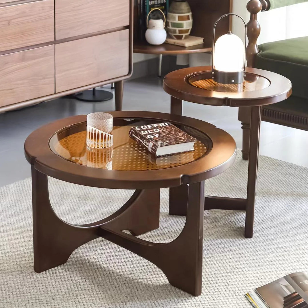 Mid Century Rattan Wood Nesting Coffee Table Round Table