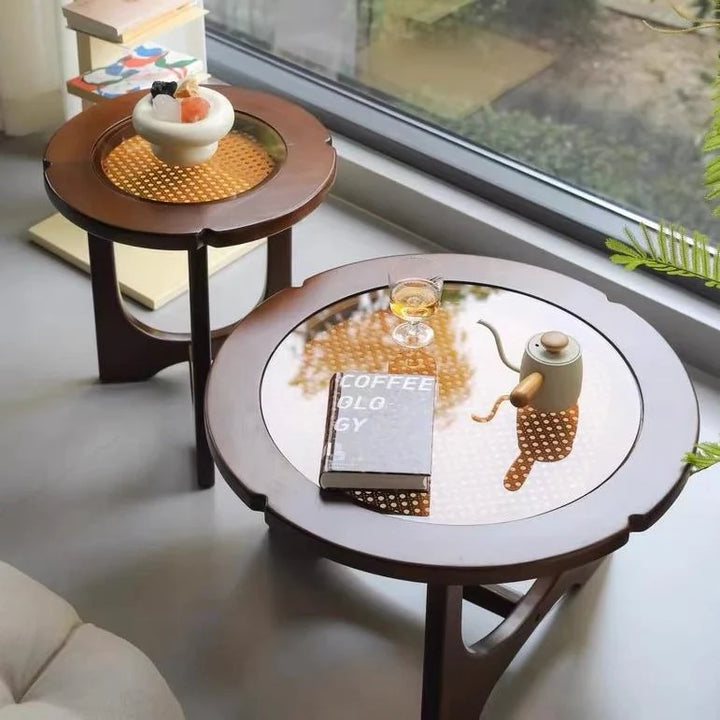 Mid Century Rattan Wood Nesting Coffee Table Round Table