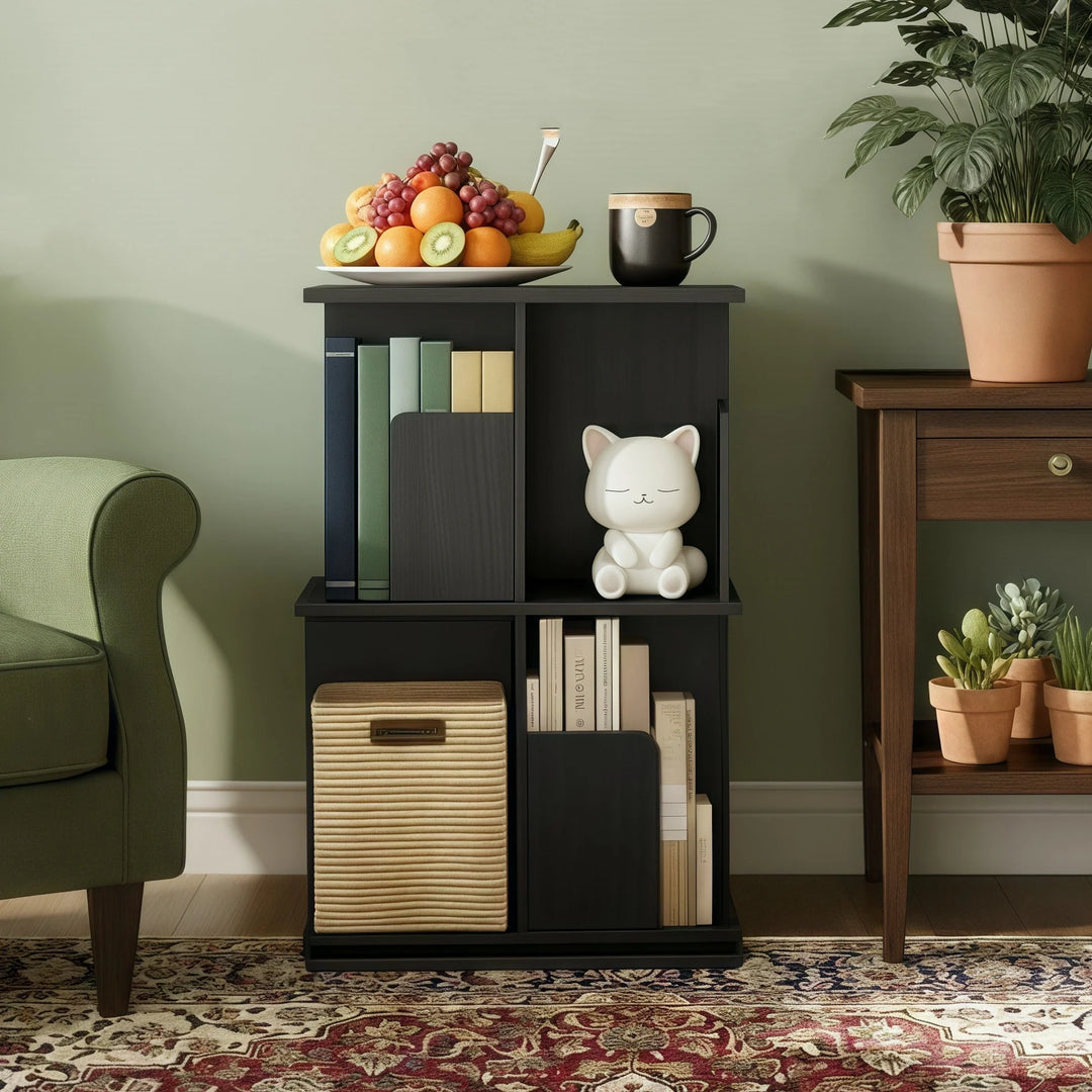 Wooden Rotating Bookcase Black Tall Square Bookshelf