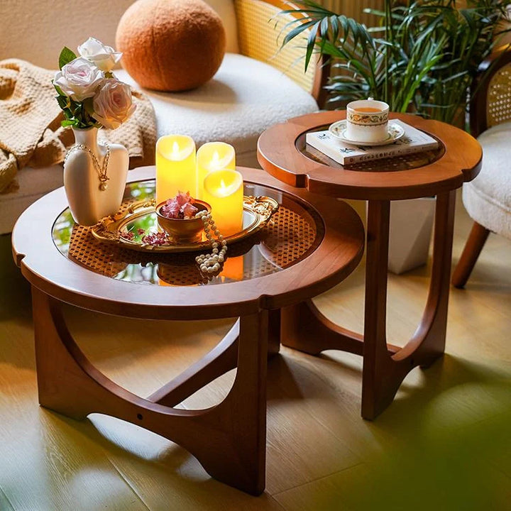 Mid Century Rattan Wood Nesting Coffee Table Round Table