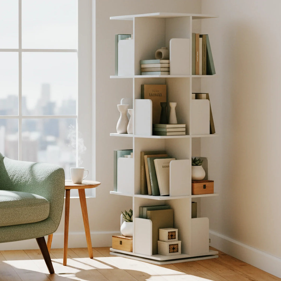 White Wooden Rotating Bookcase Square Tall Standing Bookshelf