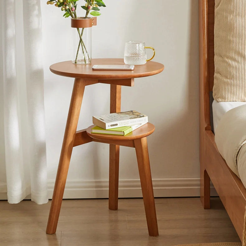 Solid Wood 2-Tier Round Accent Table Simple End Table