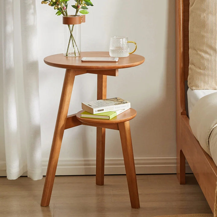 Solid Wood 2-Tier Round Accent Table Simple End Table