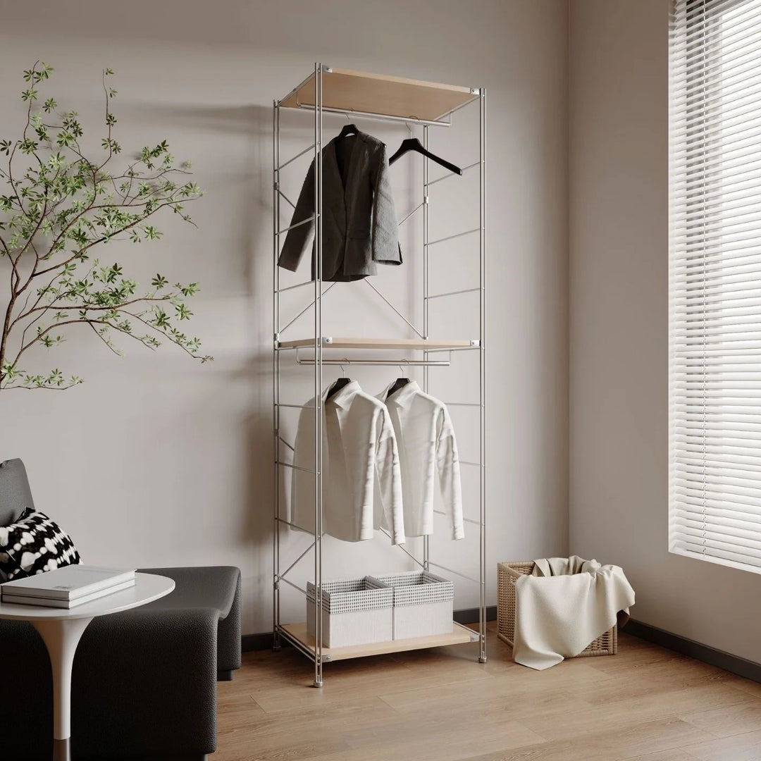 Vintage Freestanding Garment Rack Solid Wood and Steel Closet