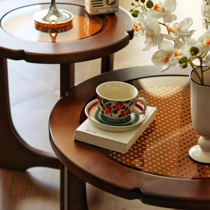 Mid Century Rattan Wood Nesting Coffee Table Round Table