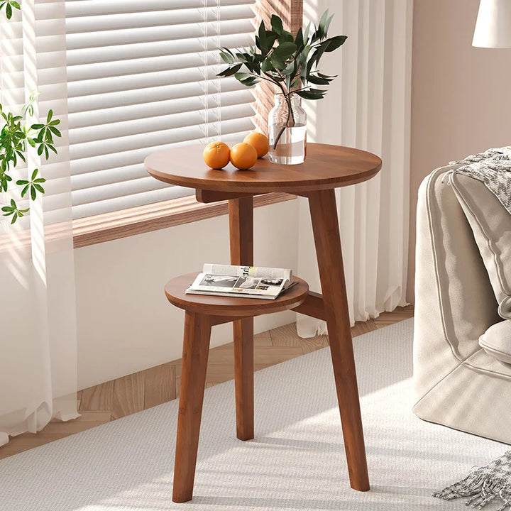 Solid Wood 2-Tier Round Accent Table Simple End Table