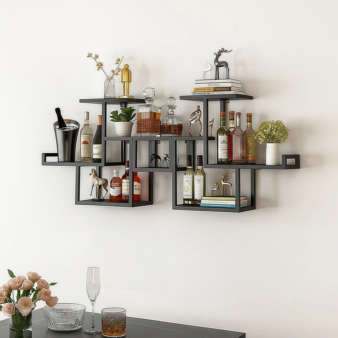 Black Wall Mount Wine Rack Multi-Tier Metal Liquor Rack