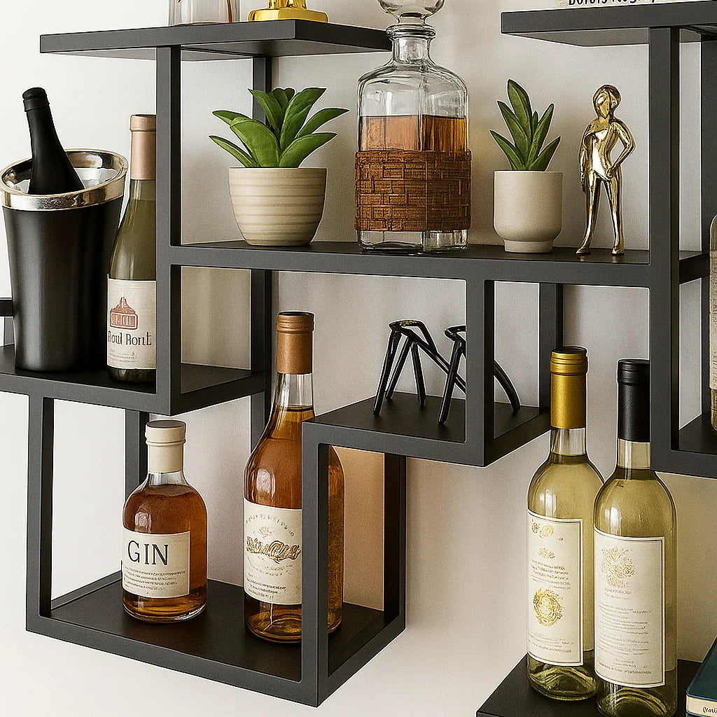 Black Wall Mount Wine Rack Multi-Tier Metal Liquor Rack