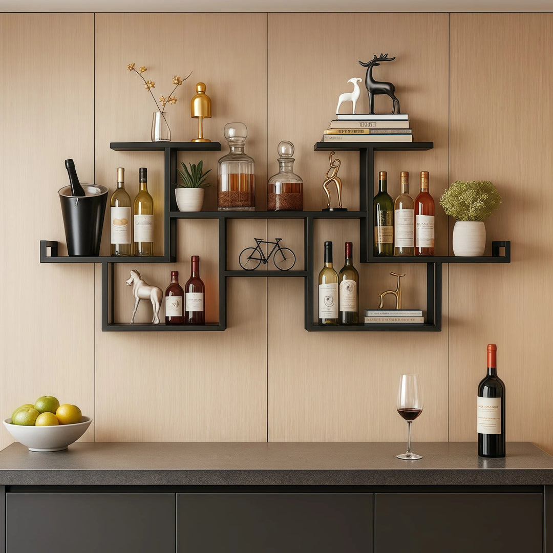 Black Wall Mount Wine Rack Multi-Tier Metal Liquor Rack