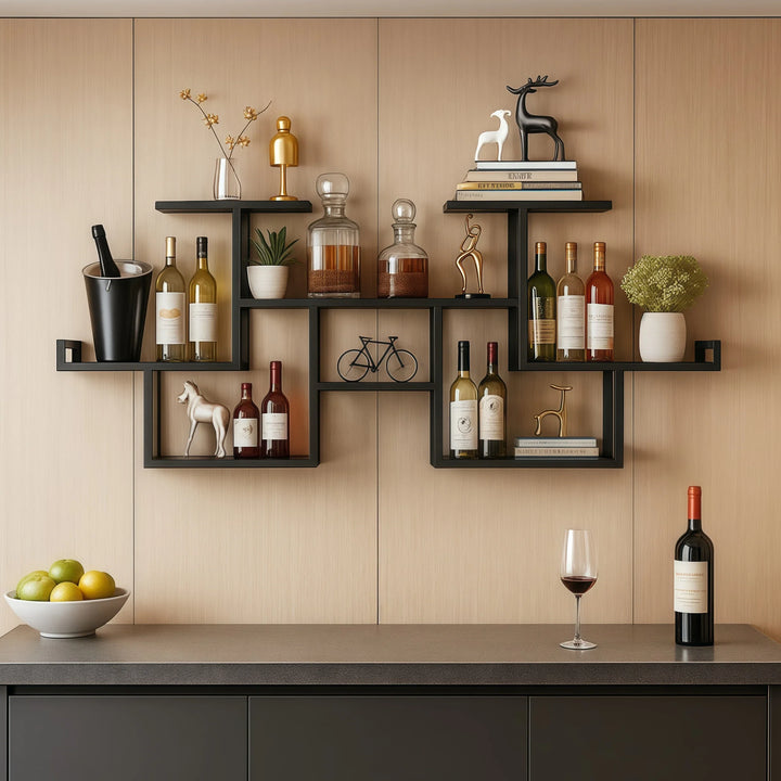 Black Wall Mount Wine Rack Multi-Tier Metal Liquor Rack