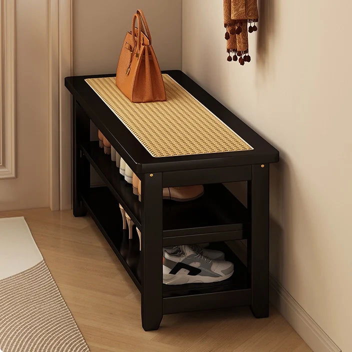 Solid Wood Rattan Shoe Storage Bench Entryway Shoe Rack