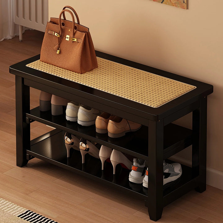 Solid Wood Rattan Shoe Storage Bench Entryway Shoe Rack