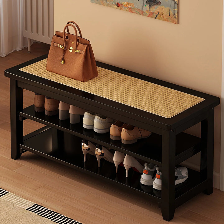 Solid Wood Rattan Shoe Storage Bench Entryway Shoe Rack