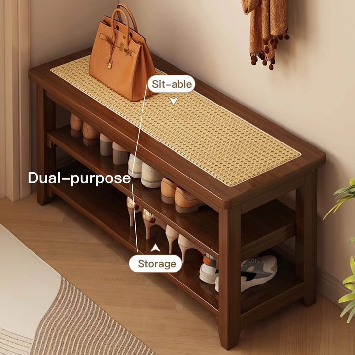 Solid Wood Rattan Shoe Storage Bench Entryway Shoe Rack
