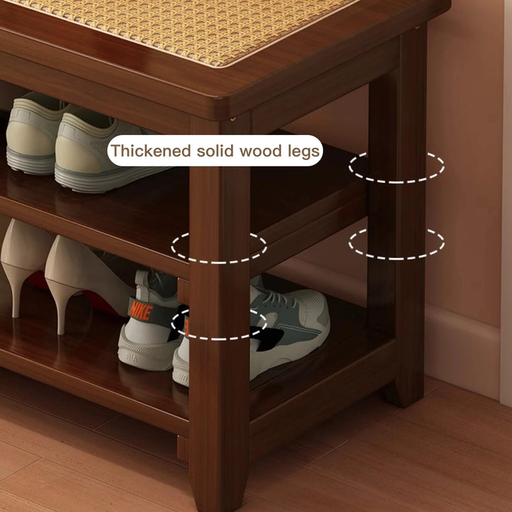 Solid Wood Rattan Shoe Storage Bench Entryway Shoe Rack