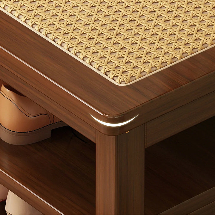 Solid Wood Rattan Shoe Storage Bench Entryway Shoe Rack