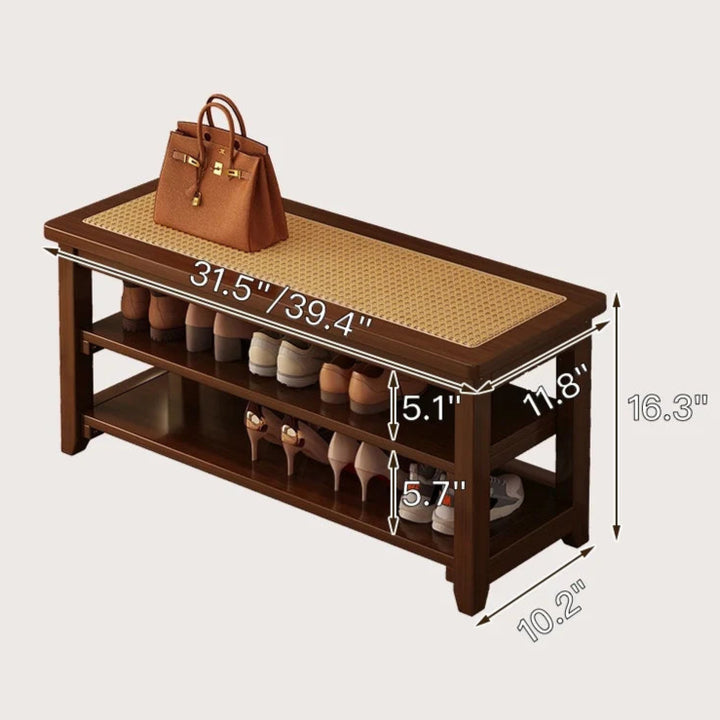 Solid Wood Rattan Shoe Storage Bench Entryway Shoe Rack