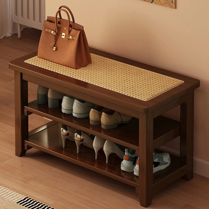 Solid Wood Rattan Shoe Storage Bench Entryway Shoe Rack