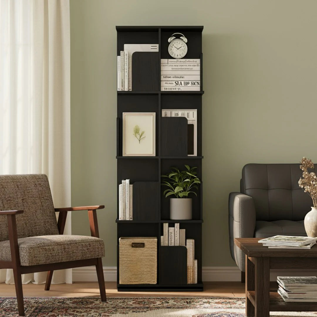 Wooden Rotating Bookcase Black Tall Square Bookshelf