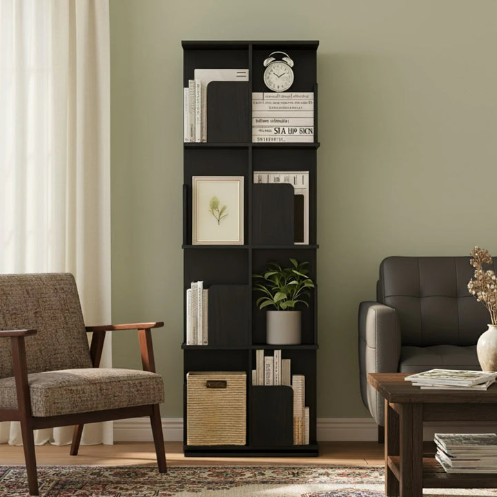 Wooden Rotating Bookcase Black Tall Square Bookshelf
