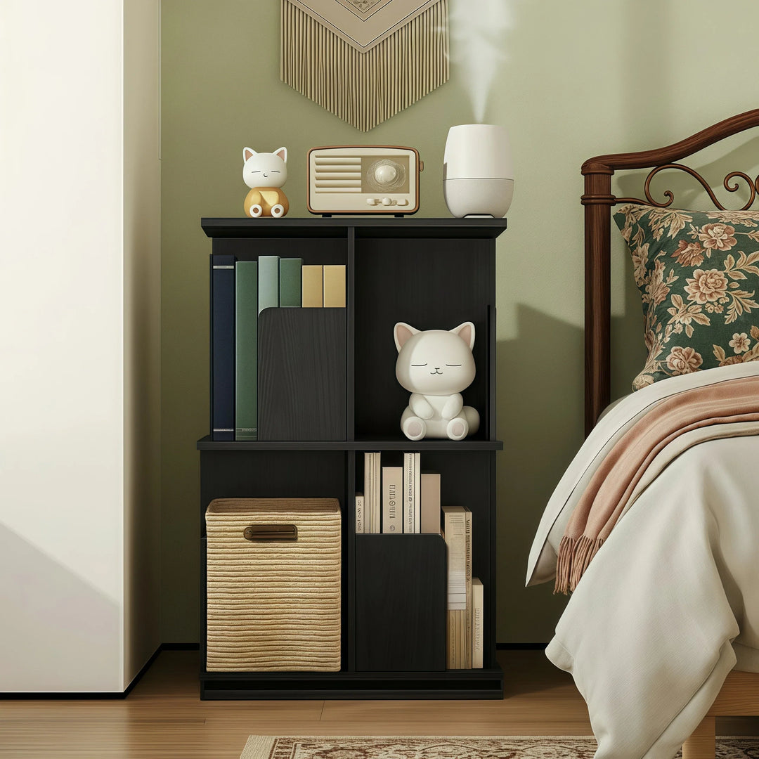 Wooden Rotating Bookcase Black Tall Square Bookshelf